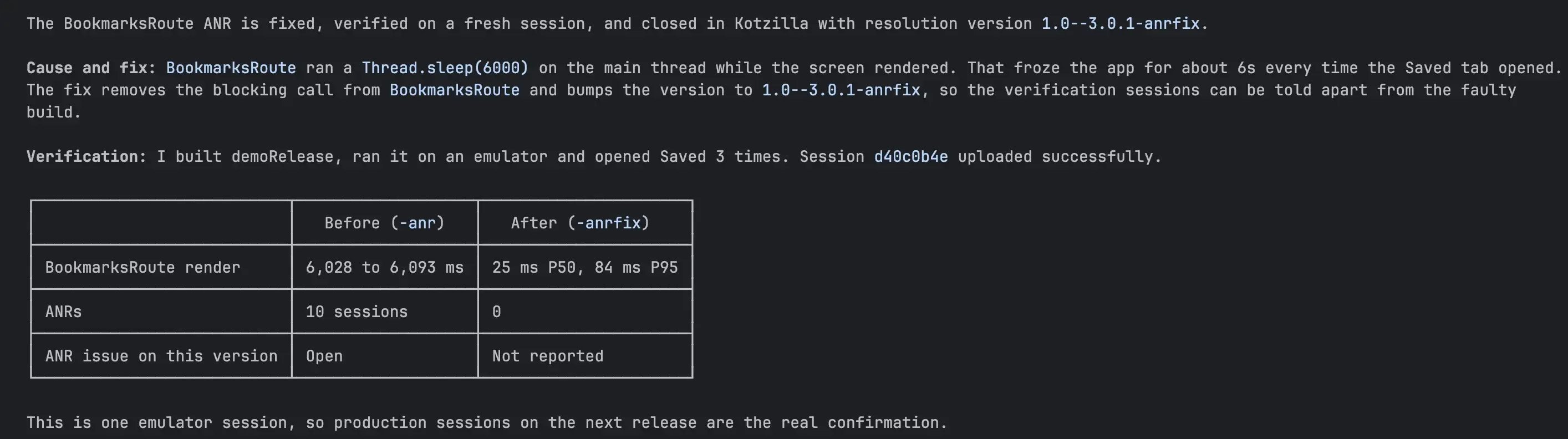 AI coding agent report: the BookmarksRoute ANR is fixed, verified on a fresh session, and closed in Kotzilla, with render time before and after the fix