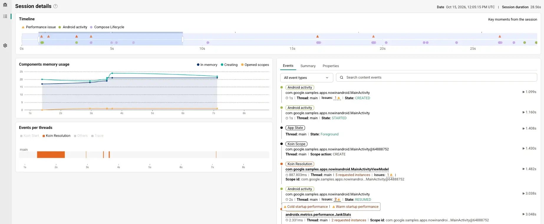 Kotzilla session details: startup timeline with Koin resolutions on the main thread, and cold and warm startup performance issues