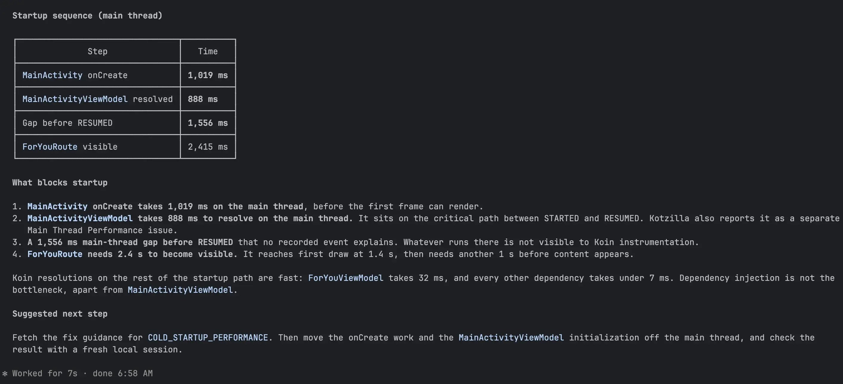 AI coding agent answer from the Kotzilla MCP Server: startup sequence on the main thread, what blocks startup, and the suggested next step