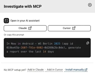 Kotzilla Investigate with MCP window with Claude and Cursor buttons, a prompt to copy, and Add in Claude or Add in Cursor links