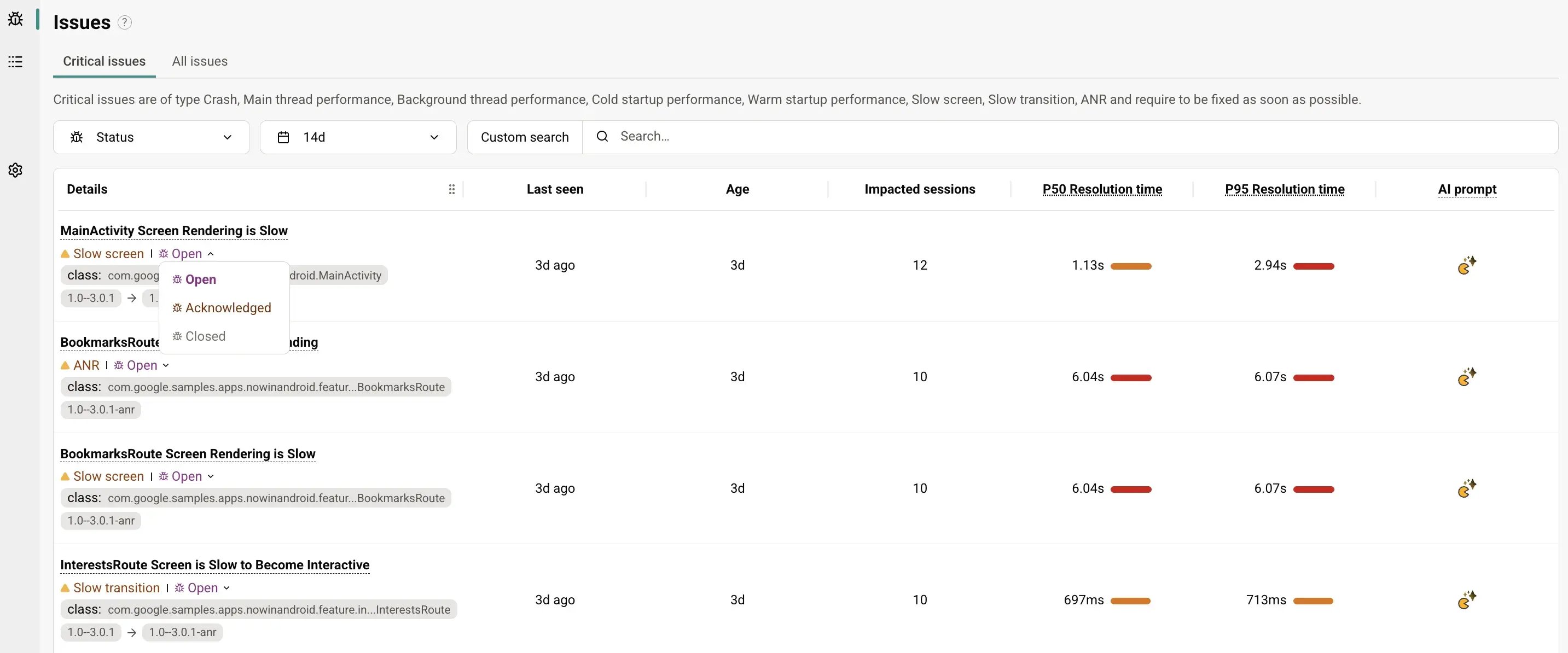 Kotzilla issues list with the status menu open on an issue, showing Open, Acknowledged and Closed