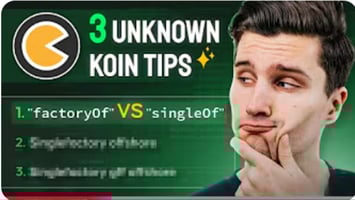 YouTube thumbnail showing a green background with the Koin logo, large text reading ‘3 Unknown Koin Tips,’ a highlighted line ‘factoryOf vs singleOf,’ and a developer looking thoughtful with a hand on their chin, suggesting consideration or comparison