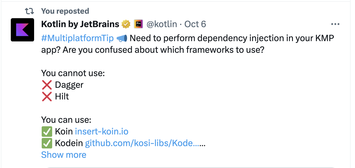 Jetbrains tweet highlighting Koin as the KMP integration framework