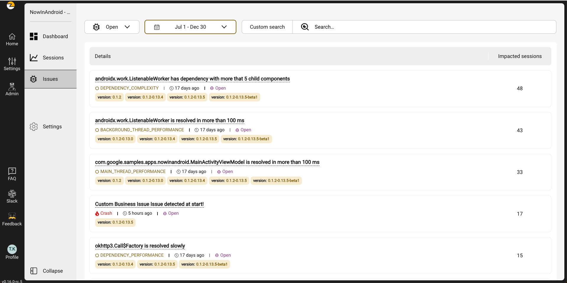 Kotzilla Console showing open Android issues by type, version, and impact, including performance and crash reports.