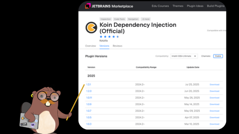 Screenshot of the Koin Dependency Injection (Official) plugin page on the JetBrains Marketplace, showing plugin versions from 1.0.3 to 1.3.1 released in 2025.