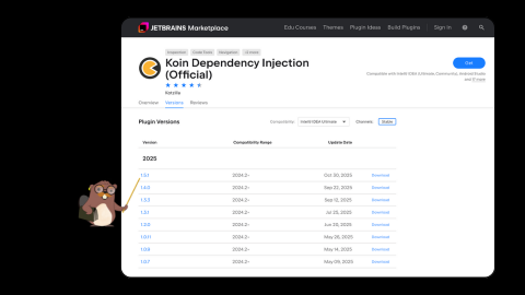 Koin IDE Plugin releases page showing Koin Annotations 2.2 support in version 1.5.1 for Android and Kotlin dependency injection